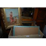 BOX - ASSORTED FRAMED PRINTS, HUNTING SCENES, GILT FRAMED PRINTS OF A NYMPH, SMALL FRAMED