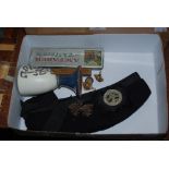 COLLECTION OF ASSOCIATION ITEMS INCLUDING BB BADGES, BB COMMEMORATIVE CUP, SMALL SPIRIT LEVEL,