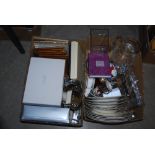 TWO BOXES - ASSORTED ITEMS INCLUDING PHOTO FRAMES, DECANTERS, JUGS, PLATED MONEY BANK, GUEST