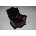 MAHOGANY JEWELLERY BOX CONTAINING ASSORTED DRESS RINGS, EARRINGS, CELTIC STYLE CRUCIFIX FORM