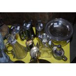 COLLECTION OF EP WARE INCLUDING OCTAGONAL SHAPED CASTER, CUT GLASS CLARET JUG, TWO HOTEL WARE COFFEE