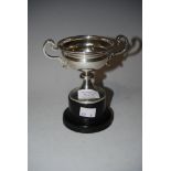 BIRMINGHAM SILVER TWIN HANDLED TROPHY, MAKERS MARK OF ELKINGTON & CO., ON EBONISED PLINTH