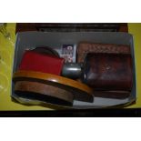 SMALL BOX - ASSORTED ITEMS INCLUDING LEATHER BOUND SPIRITS FLASK, CHINESE HARDWOOD STAND,