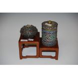 CHINESE GILT METAL, ENAMEL, HARDSTONE AND CABOCHON SET CYLINDRICAL BOX AND COVER, DECORATED WITH