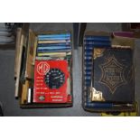 THREE BOXES - ASSORTED BOOKS INCLUDING THE HOLY BIBLE, MG WORKSHOP MANUAL, TWO LEATHER BOUND VOLUMES