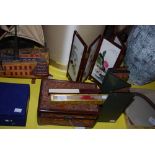 TWO CHINESE TABLE TOP STANDS, CARVED MINIATURE CAMPHORWOOD CHEST, TWO FANS