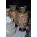 PAIR OF DOULTON SLATERS PATENT STONEWARE VASES WITH FLORAL DECORATION