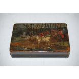 TARTAN WARE SNUFF BOX WITH WOODEN HINGE, THE COVER DECORATED WITH A HAND PAINTED SCENE OF FIGURES