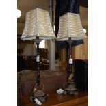 PAIR OF BRONZED METAL TABLE LAMPS AND SHADES