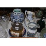 ASSORTED CERAMICS INCLUDING ROYAL COPENHAGEN EWER, BLUE AND WHITE DELFT OVOID SHAPED VASE, VICTORIAN