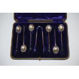 CASED SET OF SIX SHEFFIELD SILVER COFFEE SPOONS WITH BEAN TERMINALS, TOGETHER WITH ELECTROPLATED