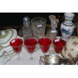 ASSORTED GLASSWARE INCLUDING THREE DECANTERS AND STOPPERS, CUT GLASS FRUIT BOWL, CUT GLASS ROSE