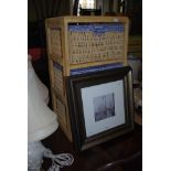 MODERN RAFFIA AND STAINED PINE THREE DRAWER UNIT, TOGETHER WITH A FRAMED PRINT OF EDINBURGH