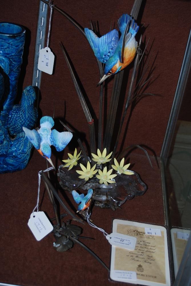 ROYAL WORCESTER BONE CHINA AND BRONZE FIGURE OF A KINGFISHER, TOGETHER WITH TWO OTHER SIMILAR