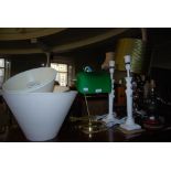 COLLECTION OF FOUR ASSORTED TABLE LAMPS AND SHADES WITH MODERN DESK LAMP WITH GREEN TINTED SHADE