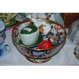 ASSORTED CERAMICS INCLUDING IRONSTONE FLORAL PATTERNED FRUIT BOWL, FIVE WADE PIN DISHES, CARLTON