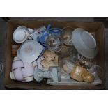 TWO BOXES - ASSORTED CERAMICS AND GLASSWARE INCLUDING VASES, CABINET PLATES, PART TEA SETS,