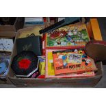 BOX - ASSORTED TOYS, JIGSAWS, DOMINOES, CHILD'S UKELELE, ETC.