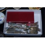 SMALL COLLECTION OF ASSORTED EP FLATWARE INCLUDING FORKS, TEASPOONS, ETC.