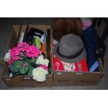 TWO BOXES - ASSORTED ITEMS INCLUDING ARTIFICIAL FLOWERS, PHOTO FRAMES, FUR MUFF, SNAKES AND