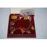 A 9CT GOLD CHARM BRACELET SUSPENDING SEVEN ASSORTED CHARMS AND AN EDWARD VII GOLD HALF SOVEREIGN