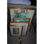 COLLECTION OF ASSORTED FRAMED WATERCOLOURS AND GILT FRAMED OIL PAINTING OF A HARBOUR SCENE, A