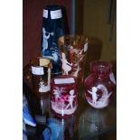 ASSORTED MARY GREGORY STYLE GLASSWARE INCLUDING A BLUE BUD VASE WITH CLEAR PINCHED GLASS DETAIL,