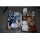 TWO BOXES - ASSORTED CERAMICS INCLUDING STONEWARE JARS, KITCHEN WARES, ASHETS, WHISKY ADVERTISING