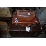 SMALL COLLECTION OF LUGGAGE INCLUDING WOOD BOUND TRAVELLING TRUNK, COMPOSITION SUITCASE, LEATHER
