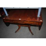 A 19TH CENTURY ROSEWOOD AND BRASS INLAID SOFA TABLE WITH TWO FRIEZE DRAWERS, ON FOUR DOWNSWEPT