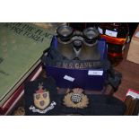 SMALL BOX - BINOCULARS, SCOUT BADGE IN ORIGINAL CASE, NAVAL CAP BAND FOR HMS GANGES AND TWO NAVAL