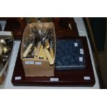 BOX - ASSORTED PLATED CUTLERY, TOGETHER WITH A BOX OF AFTERNOON TEA KNIVES AND A STAG HANDLED FIVE