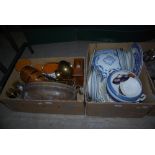 TWO BOXES - ASSORTED ITEMS INCLUDING TRANSFER PRINTED DINNER WARE, STORAGE JARS, COPPER PLANTER,