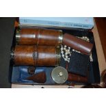 PAIR OF BAMBOO CANDLE HOLDERS, TOGETHER WITH WALLETS, HAT PINS, ASSORTED BEADS, HORN TRINKET BOX,
