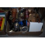 BOX - ASSORTED METALWARE INCLUDING PLATED TRAY, TEA POTS, TANKARDS, BRASS CANDLESTICKS, ETC.