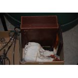 BOX - ASSORTED ITEMS INCLUDING VINTAGE SKATES, PAIR OF IVORY MOUNTED OPERA GLASSES, BRASS BUTTON