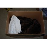 BOX - ASSORTED ITEMS INCLUDING TWO FUR COATS, FUR COLLAR AND NAPERY