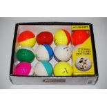 BOX - ASSORTED RARE VINTAGE PING KARSTEN BI-COLOURED GOLF BALLS AND A BOX OF THREE ACUSHNET MICKEY