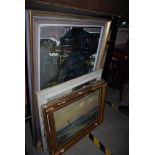 THREE FRAMED OIL PAINTINGS - TWO ABSTRACT PAINTINGS ON BOARD, TOGETHER WITH A GILT FRAMED OIL ON