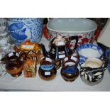 ASSORTED CERAMICS INCLUDING THREE COPPER LUSTRE JUGS, SILVER LUSTRE JUG, CAULDON BLUE AND WHITE