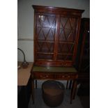 REPRODUCTION MAHOGANY WRITING DESK WITH GLAZED ASTRAGAL DOOR UPPER SECTION AND TWO FRIEZE DRAWERS,