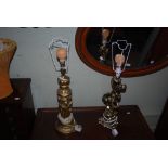 TWO GILT FIGURAL TABLE LAMPS AND SHADES