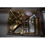 TWO BOXES - ASSORTED BRASSWARE, GLASS CANDLESTICK, WATERING CAN, BED PAN, MINCER, BRASS TRIVET,