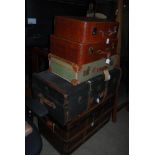 COLLECTION OF ASSORTED LUGGAGE TO INCLUDE TWO WOOD BOUND TRUNKS AND THREE VINTAGE SUITCASES