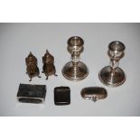 COLLECTION OF SILVER INCLUDING A PAIR OF BIRMINGHAM SILVER CANDLESTICKS, TWO CHESTER SILVER PEPPER