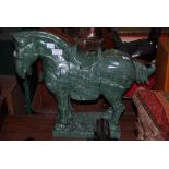 LARGE SOAPSTONE FIGURE OF HORSE WITH SADDLE, ON PLINTH