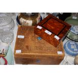 LEATHER BOUND AND JEWELED TRINKET BOX, TOGETHER WITH A BURR WALNUT SQUARE SHAPED TRINKET BOX