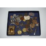 GILT METAL VESTA HOLDER WITH FOLIATE SCROLL DETAIL, TOGETHER WITH VARIOUS KEYS, COINAGE, ETC.
