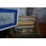 BOX - ASSORTED PRINTS, FRAMED OIL ON BOARD - STREET SCENE, FRAMED BLACK AND WHITE ETCHING - CHURCH