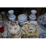 ASSORTED CERAMICS INCLUDING TRANSFER PRINTED FLORAL PATTERNED CHEESE BELL, MODERN BASIN AND EWER